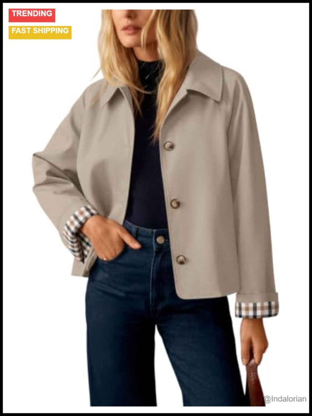 Women's Cropped Trench Coat Plaid Cuff Button Front Fall Jacket